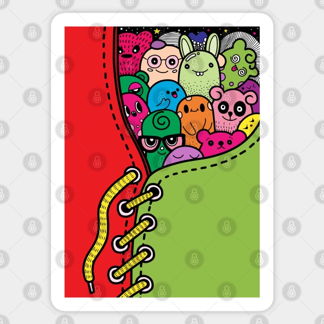 doodle monsters hiding in sneaker Sticker by Mako Design 